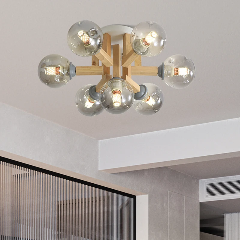 Modernisme Globe Semi-affleurant luminaire fumée gris verre 5/7 ampoules chambre plafonnier avec bras en bois plié Clearhalo
