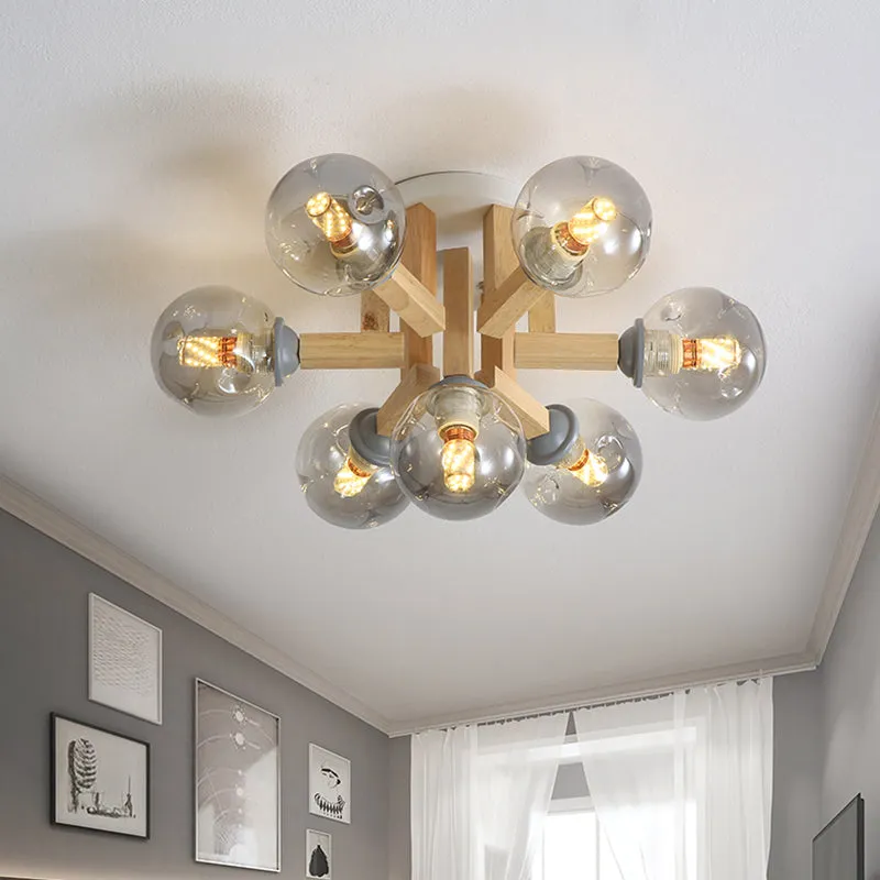 Modernisme Globe Semi-affleurant luminaire fumée gris verre 5/7 ampoules chambre plafonnier avec bras en bois plié Clearhalo