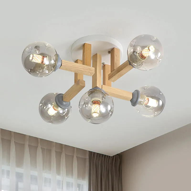 Modernisme Globe Semi-affleurant luminaire fumée gris verre 5/7 ampoules chambre plafonnier avec bras en bois plié Clearhalo