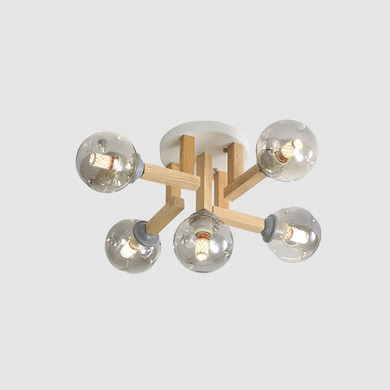 Modernisme Globe Semi-affleurant luminaire fumée gris verre 5/7 ampoules chambre plafonnier avec bras en bois plié Clearhalo