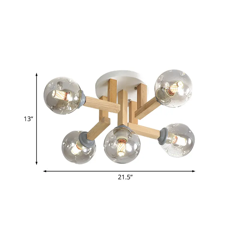 Modernisme Globe Semi-affleurant luminaire fumée gris verre 5/7 ampoules chambre plafonnier avec bras en bois plié Clearhalo