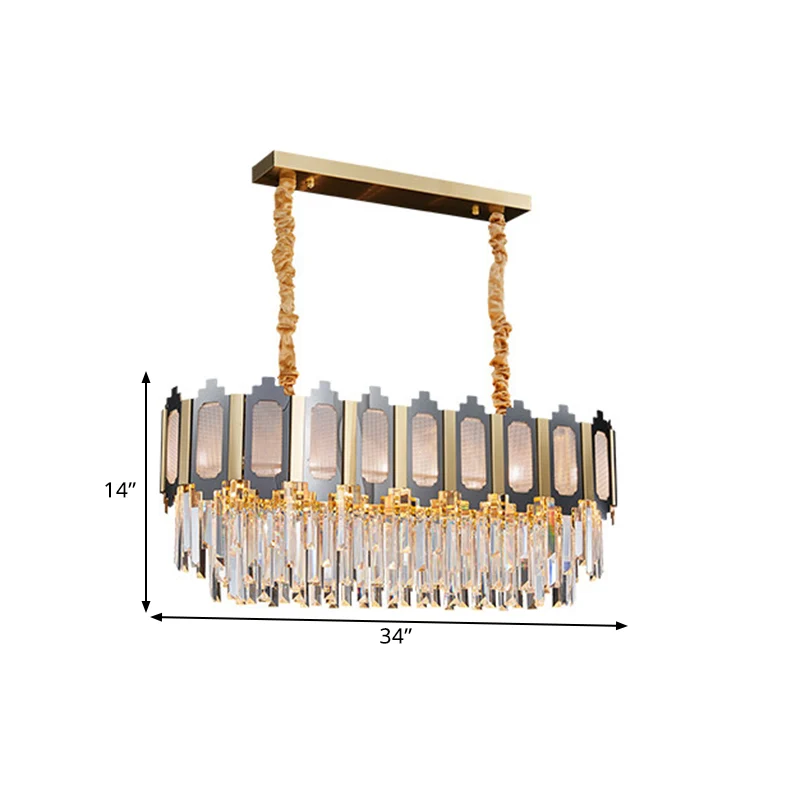 Nickel 10 têtes île pendentif contemporain clair prismes en cristal lampe à suspension ovale pour salle à manger Clearhalo