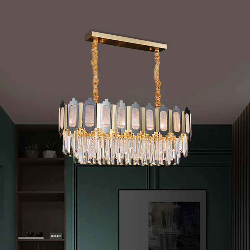 Nickel 10 têtes île pendentif contemporain clair prismes en cristal lampe à suspension ovale pour salle à manger Clearhalo