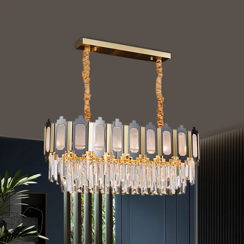 Nickel 10 têtes île pendentif contemporain clair prismes en cristal lampe à suspension ovale pour salle à manger Clearhalo