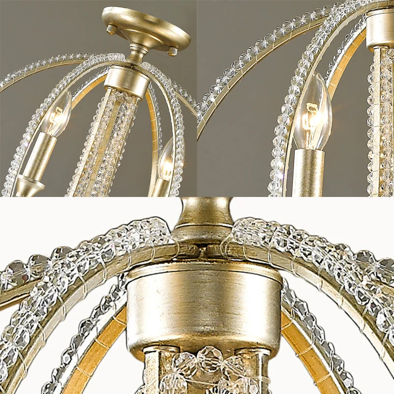 Orb Plafonnier semi-encastré en métal rustique à 3 lumières pour salle à manger avec accents de cristal en laiton Clearhalo