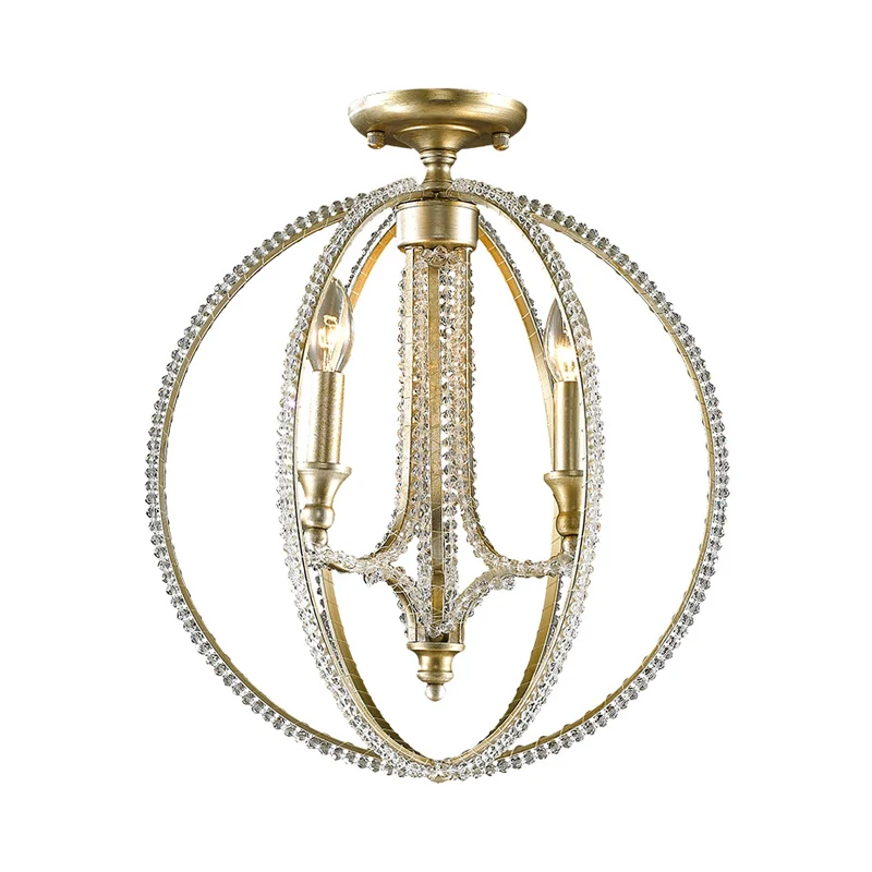 Orb Plafonnier semi-encastré en métal rustique à 3 lumières pour salle à manger avec accents de cristal en laiton Clearhalo