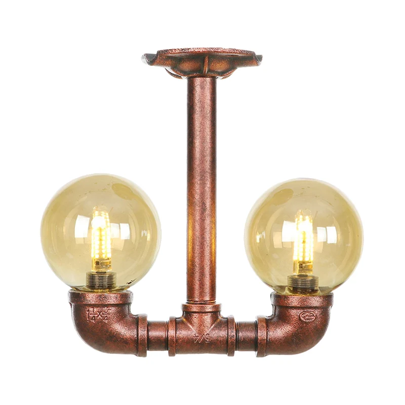 Orb Restaurant Semi Flush Luminaire Rustique Ambre Verre 2 Lumières Cuivre Flush Lampe Clearhalo