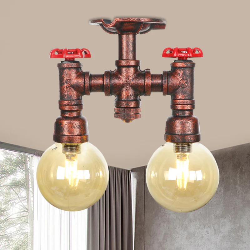 Orb Restaurant Semi Flush Luminaire Rustique Ambre Verre 2 Lumières Cuivre Flush Lampe Clearhalo