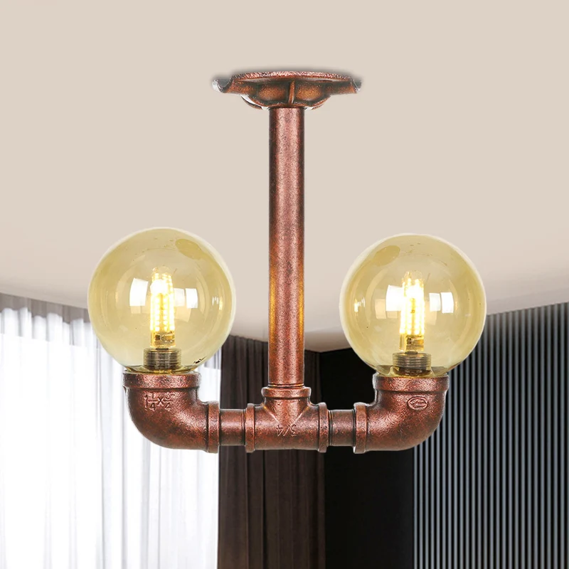 Orb Restaurant Semi Flush Luminaire Rustique Ambre Verre 2 Lumières Cuivre Flush Lampe Clearhalo