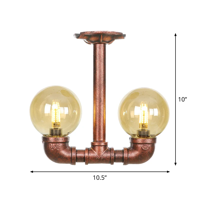 Orb Restaurant Semi Flush Luminaire Rustique Ambre Verre 2 Lumières Cuivre Flush Lampe Clearhalo