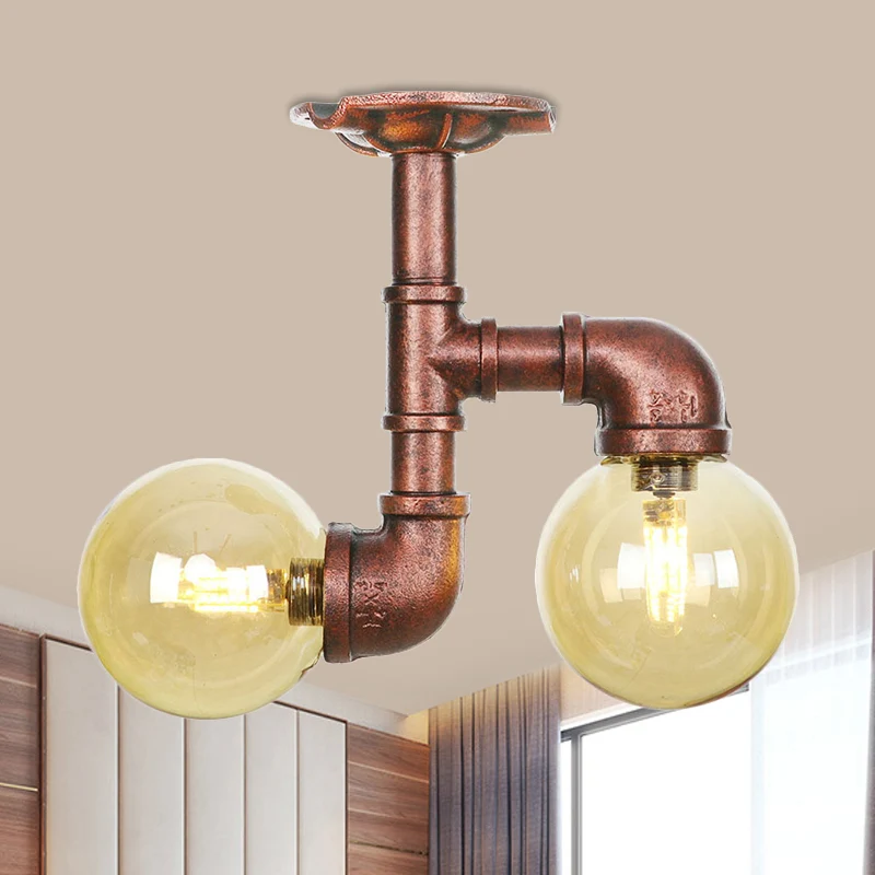 Orb Restaurant Semi Flush Luminaire Rustique Ambre Verre 2 Lumières Cuivre Flush Lampe Clearhalo