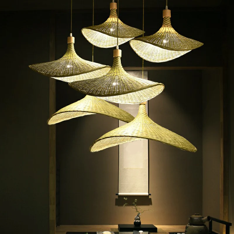 Pendentif en forme de chapeau de paille vert-jaune, asie du sud-est, lampe à Suspension unique en Fiber de bambou naturell...