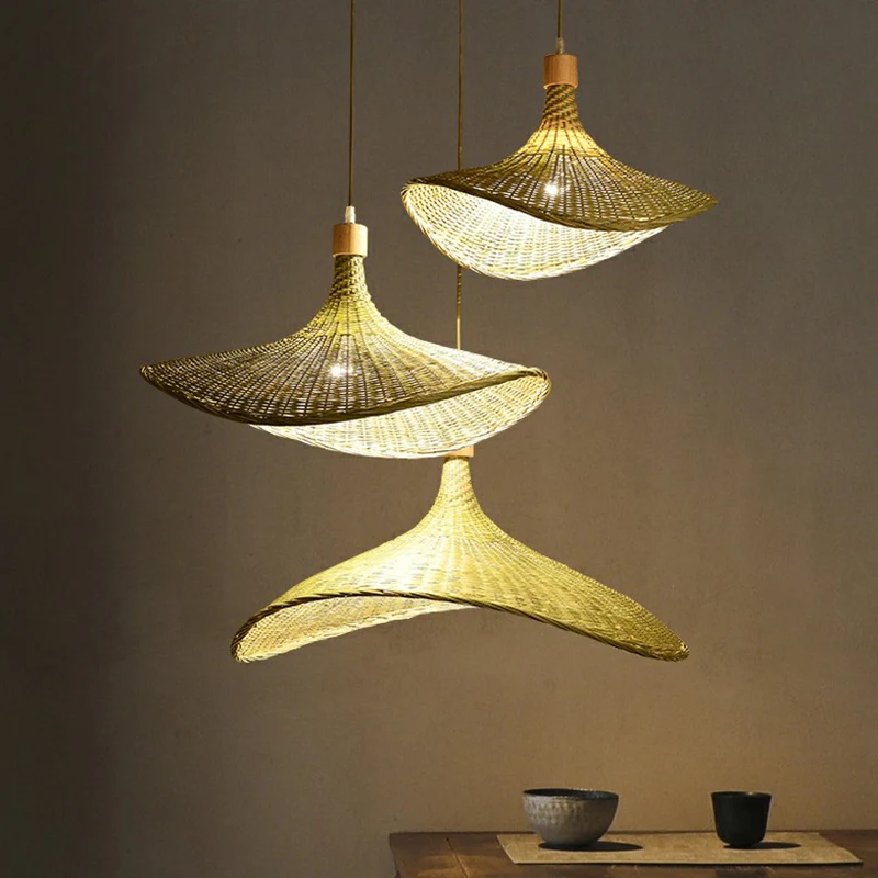 Pendentif en forme de chapeau de paille vert-jaune, asie du sud-est, lampe à Suspension unique en Fiber de bambou naturell...