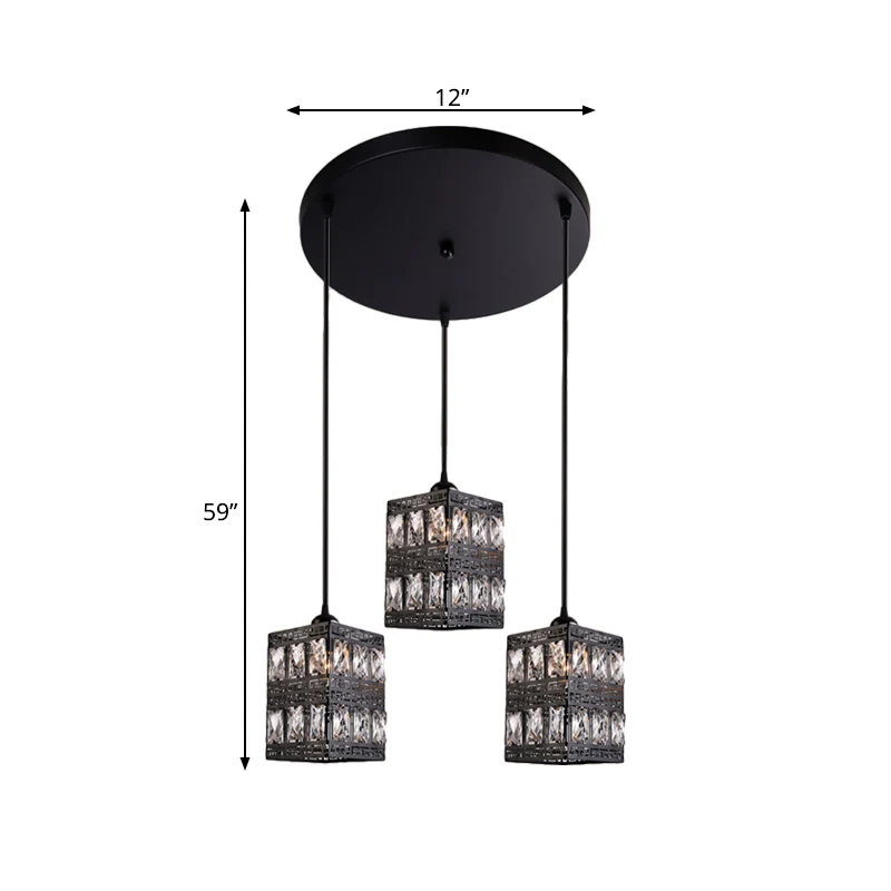 Pendule en forme de bloc de cristal moderniste à 3 lumières, finition noire, lampe suspendue multiple Clearhalo