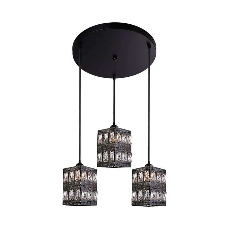 Pendule en forme de bloc de cristal moderniste à 3 lumières, finition noire, lampe suspendue multiple Clearhalo