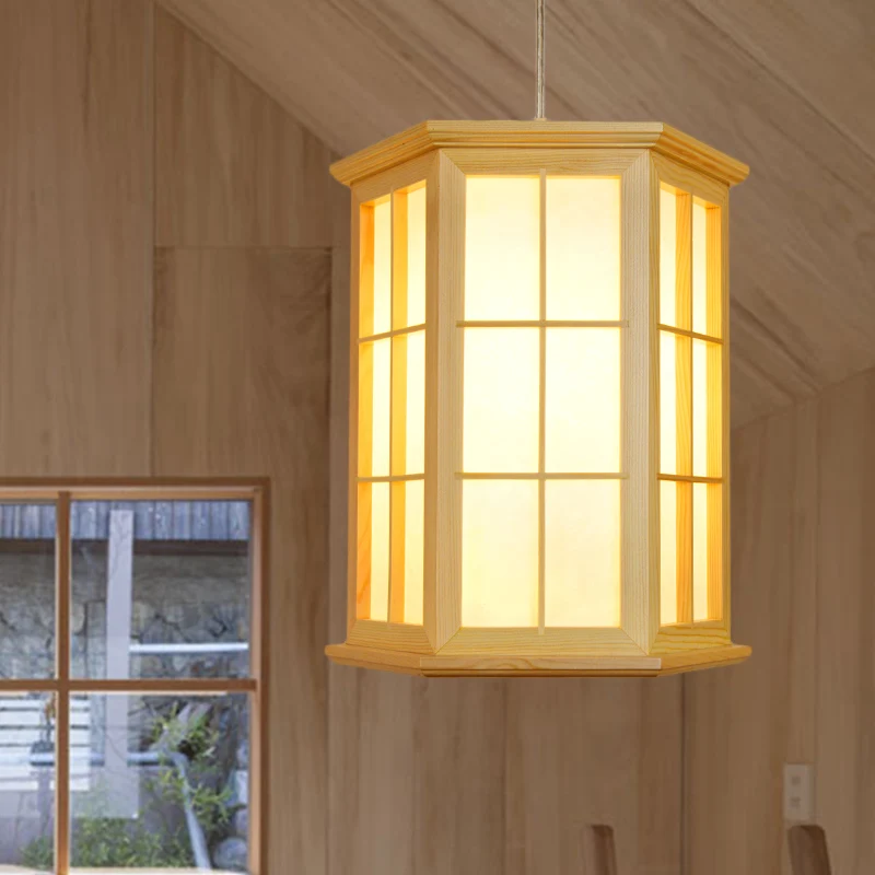 Pendule hexagonale en bois, plafonnier suspendu à 1 tête de Style japonais en Beige pour salon de thé Clearhalo