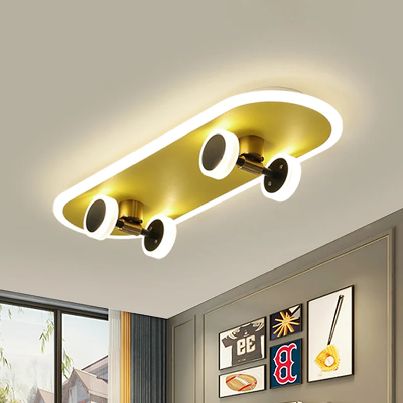 Plafond de planche à roulettes en acrylique encastré pour enfants, luminaire LED doré pour chambre de garçons Clearhalo