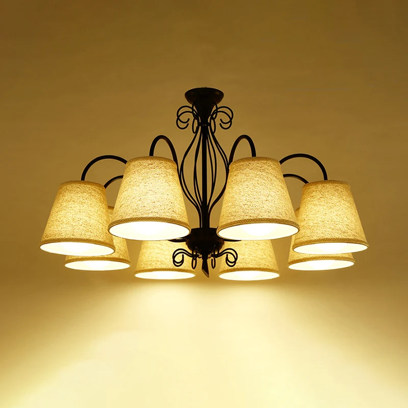 Plafonnier à 3/6/8 ampoules avec abat-jour en tissu conique, lustre classique de salon, luminaire suspendu en noir/blanc C...
