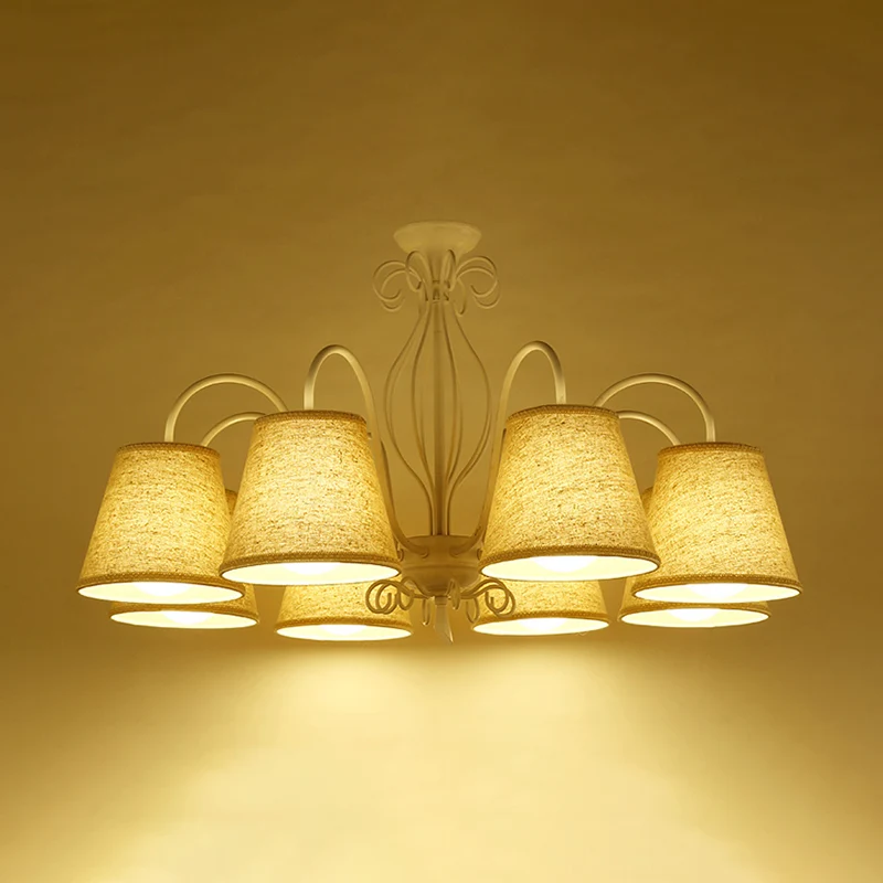 Plafonnier à 3/6/8 ampoules avec abat-jour en tissu conique, lustre classique de salon, luminaire suspendu en noir/blanc C...