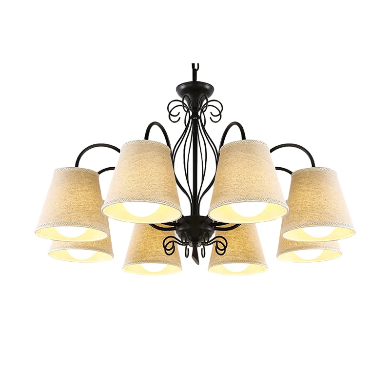Plafonnier à 3/6/8 ampoules avec abat-jour en tissu conique, lustre classique de salon, luminaire suspendu en noir/blanc C...