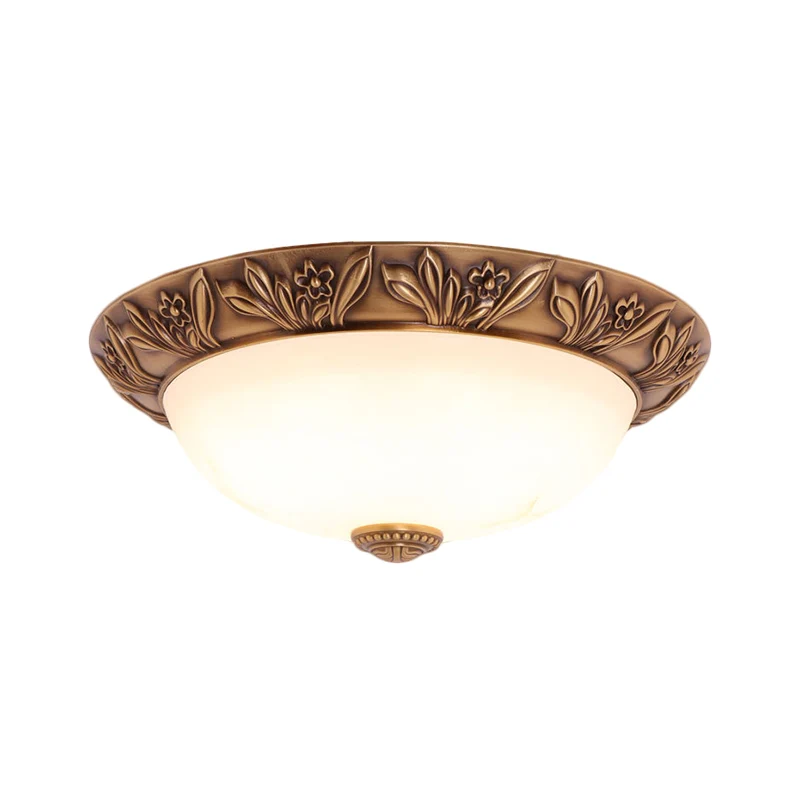 Plafonnier à 4/3/2 têtes en laiton antique et verre blanc, luminaire monté au plafond, largeur 12/16/21.5 pouces Clearhalo