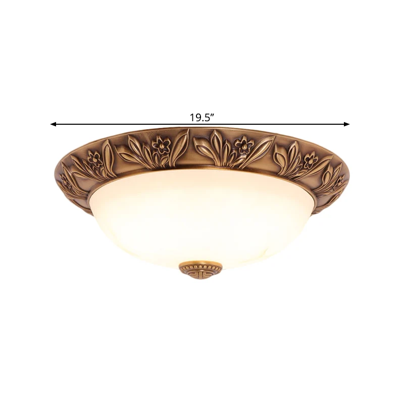 Plafonnier à 4/3/2 têtes en laiton antique et verre blanc, luminaire monté au plafond, largeur 12/16/21.5 pouces Clearhalo
