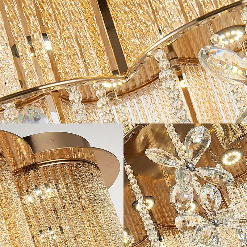 Plafonnier à abat-jour en forme de fleur dorée, luminaire suspendu moderne à LED en cristal clair et en métal, 19,5 "/ 23,...