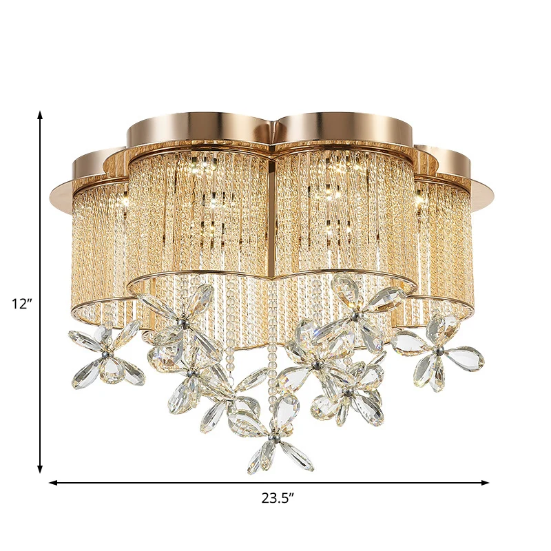 Plafonnier à abat-jour en forme de fleur dorée, luminaire suspendu moderne à LED en cristal clair et en métal, 19,5 "/ 23,...