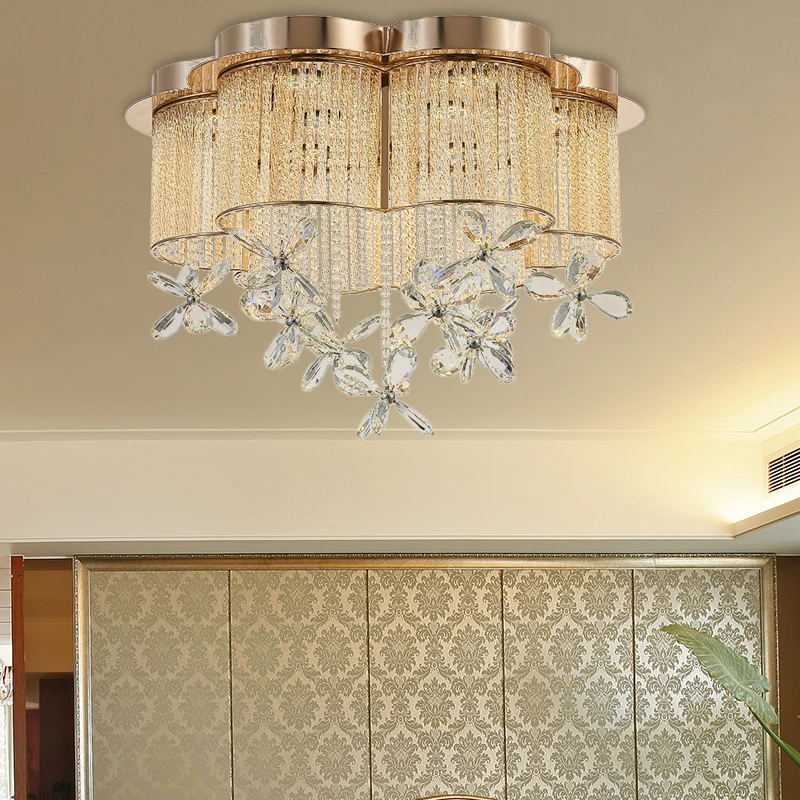 Plafonnier à abat-jour en forme de fleur dorée, luminaire suspendu moderne à LED en cristal clair et en métal, 19,5 "/ 23,...