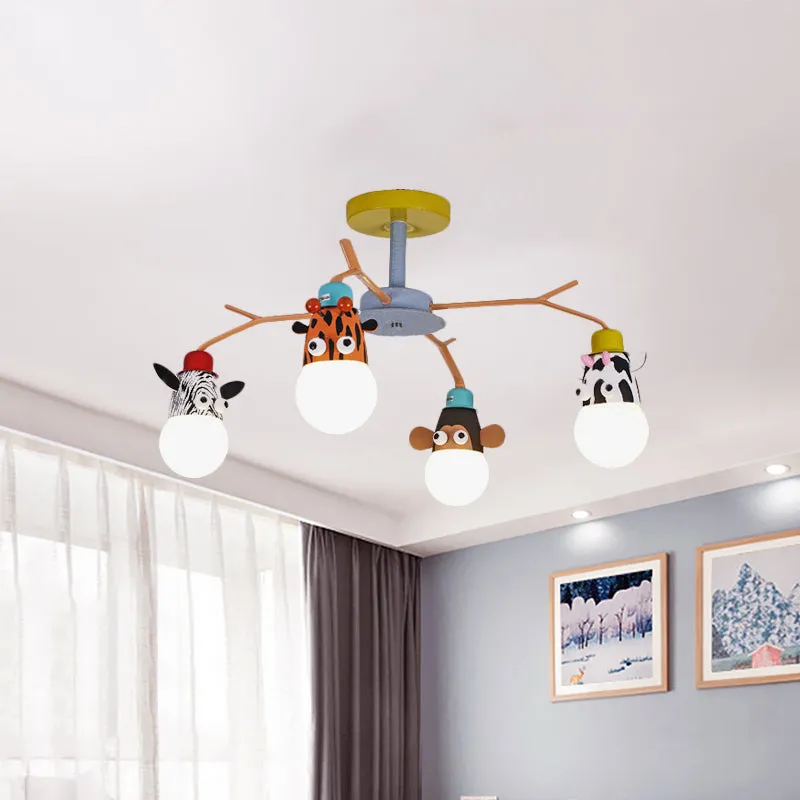 Plafonnier animal en verre blanc pour enfants, 4 ampoules, éclairage semi-encastré jaune pour chambre d'enfant Clearhalo