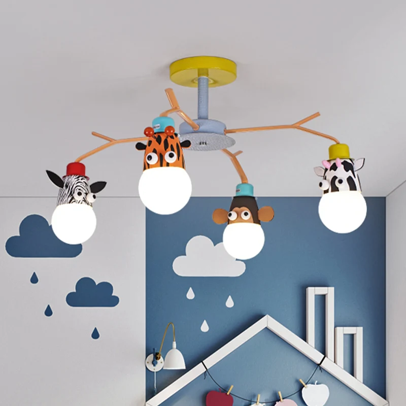 Plafonnier animal en verre blanc pour enfants, 4 ampoules, éclairage semi-encastré jaune pour chambre d'enfant Clearhalo