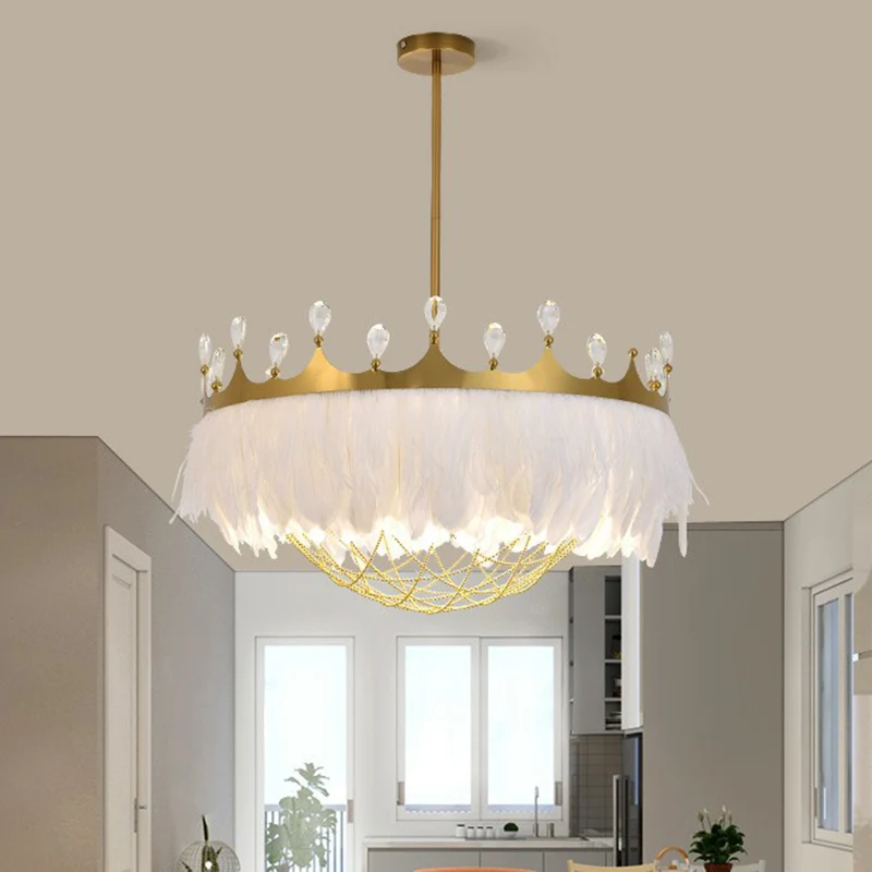 Plafonnier artistique en forme de couronne, plume, 1 tête, lampe suspendue pour chambre de fille, avec filet à chaîne et c...
