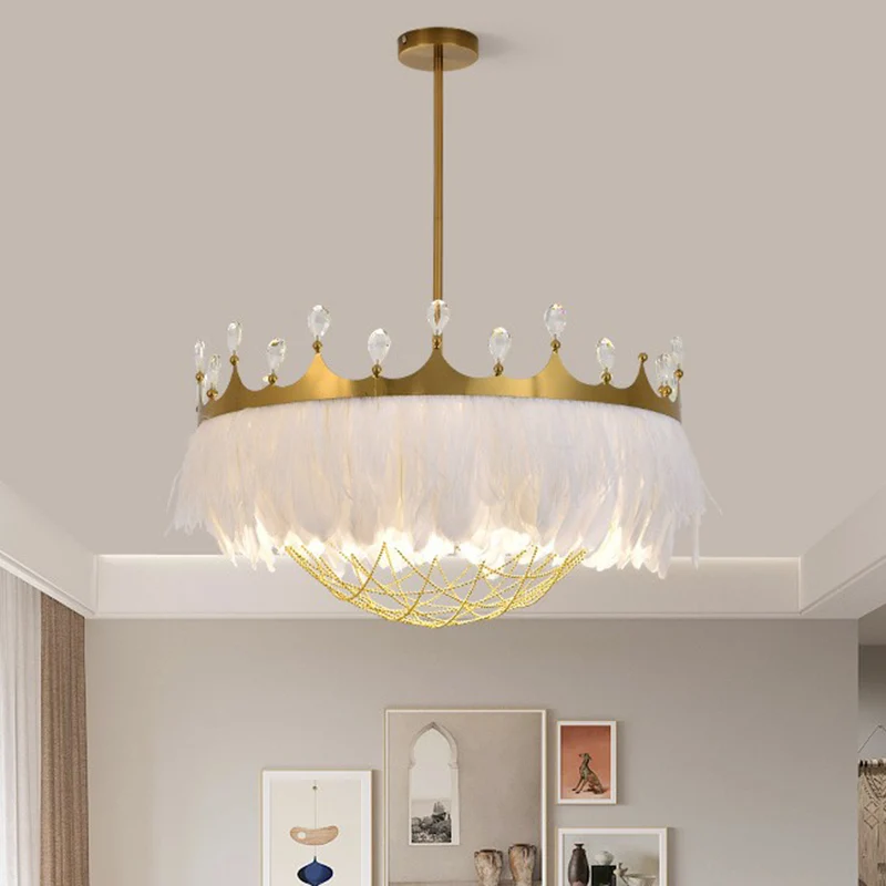 Plafonnier artistique en forme de couronne, plume, 1 tête, lampe suspendue pour chambre de fille, avec filet à chaîne et c...