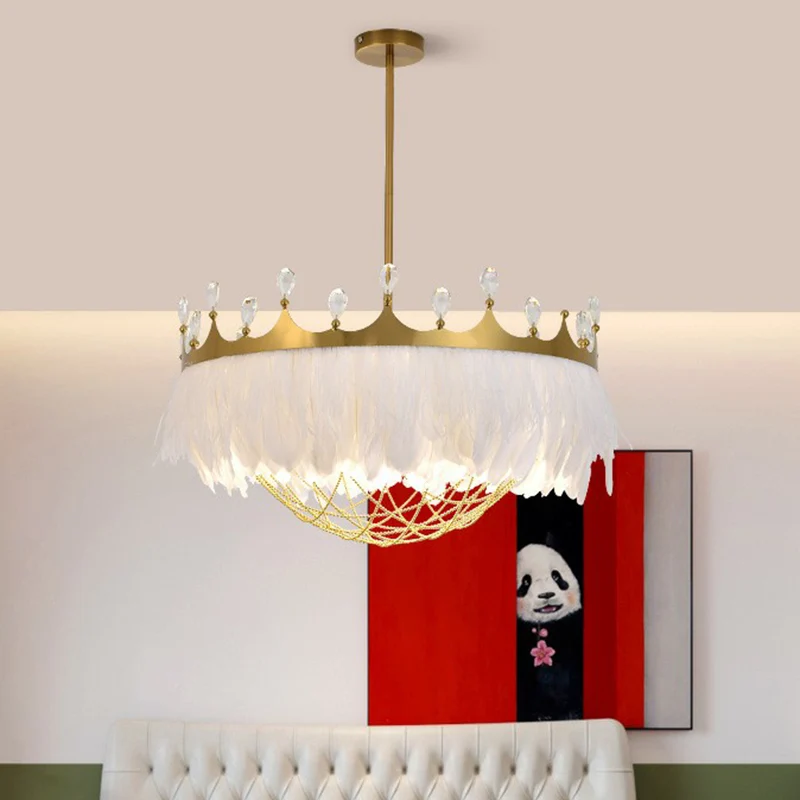 Plafonnier artistique en forme de couronne, plume, 1 tête, lampe suspendue pour chambre de fille, avec filet à chaîne et c...