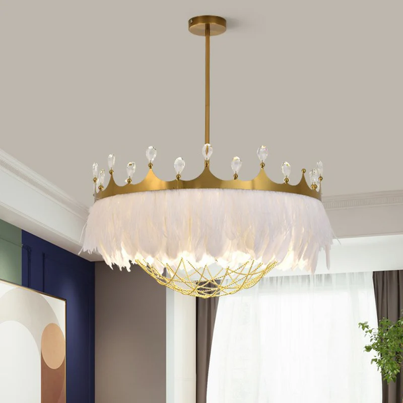 Plafonnier artistique en forme de couronne, plume, 1 tête, lampe suspendue pour chambre de fille, avec filet à chaîne et c...
