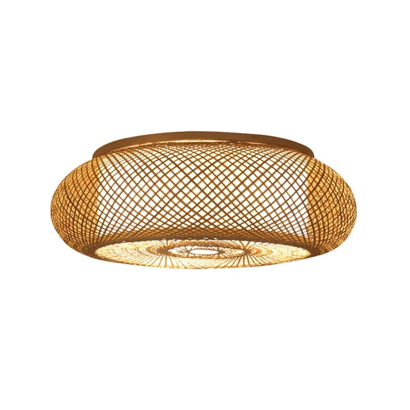 Plafonnier asiatique à 3 ampoules en forme de beignet en lin, éclairage proche du plafond avec abat-jour en bambou Clearhalo