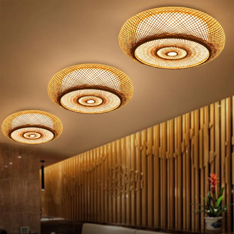 Plafonnier asiatique à 3 ampoules en forme de beignet en lin, éclairage proche du plafond avec abat-jour en bambou Clearhalo