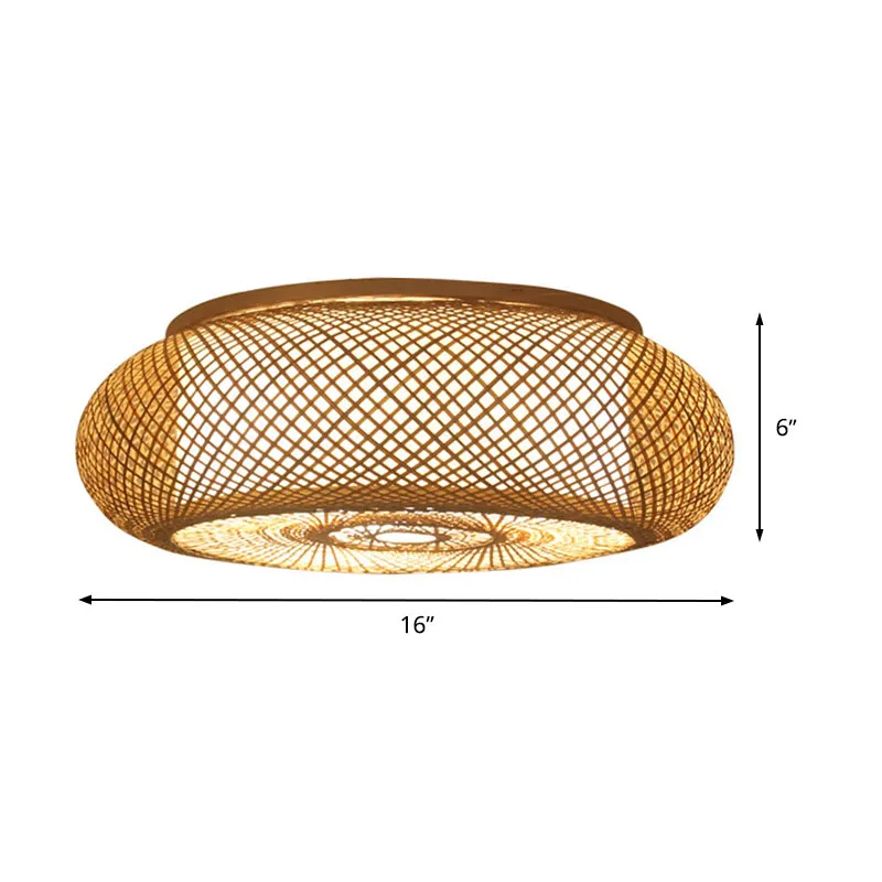 Plafonnier asiatique à 3 ampoules en forme de beignet en lin, éclairage proche du plafond avec abat-jour en bambou Clearhalo