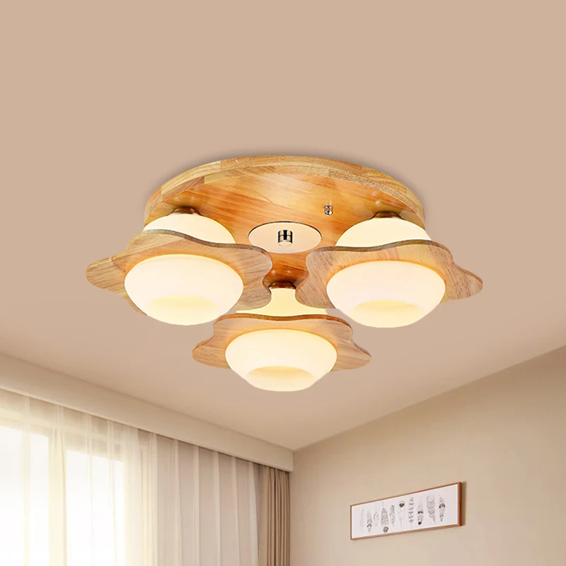 Plafonnier en bois floral piégé moderniste 3/5 lumières beige avec abat-jour en verre dépoli Clearhalo
