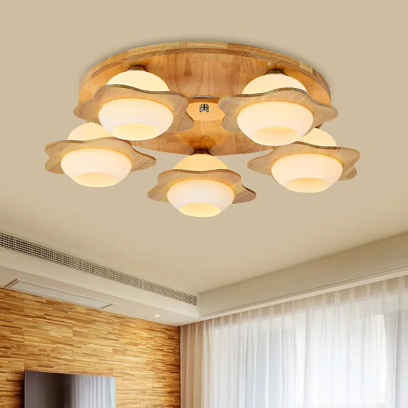 Plafonnier en bois floral piégé moderniste 3/5 lumières beige avec abat-jour en verre dépoli Clearhalo