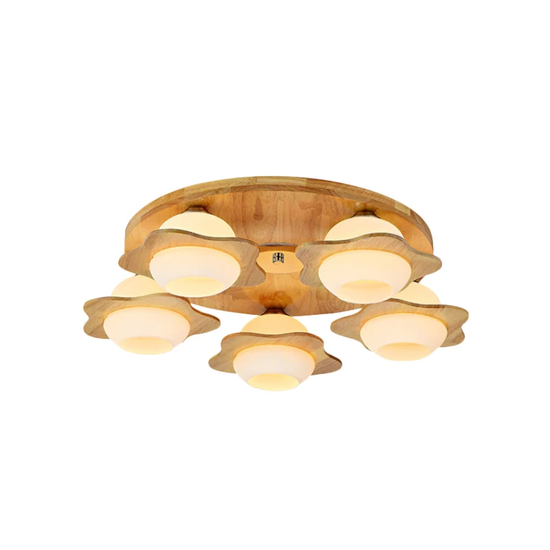 Plafonnier en bois floral piégé moderniste 3/5 lumières beige avec abat-jour en verre dépoli Clearhalo