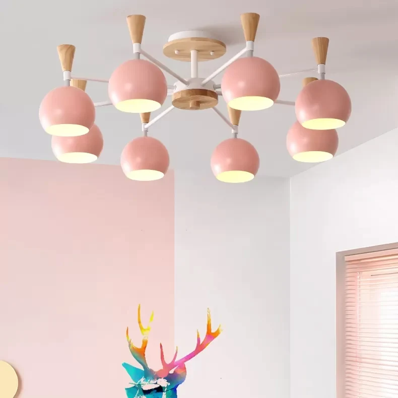 Plafonnier en bois et métal, éclairage semi-encastré à 3 lumières avec abat-jour orbe pour chambre d'enfants de style nord...