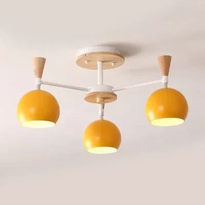 Plafonnier en bois et métal, éclairage semi-encastré à 3 lumières avec abat-jour orbe pour chambre d'enfants de style nord...