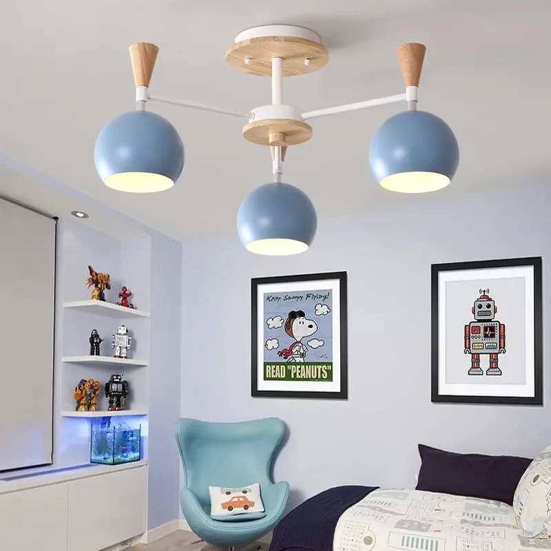 Plafonnier en bois et métal, éclairage semi-encastré à 3 lumières avec abat-jour orbe pour chambre d'enfants de style nord...