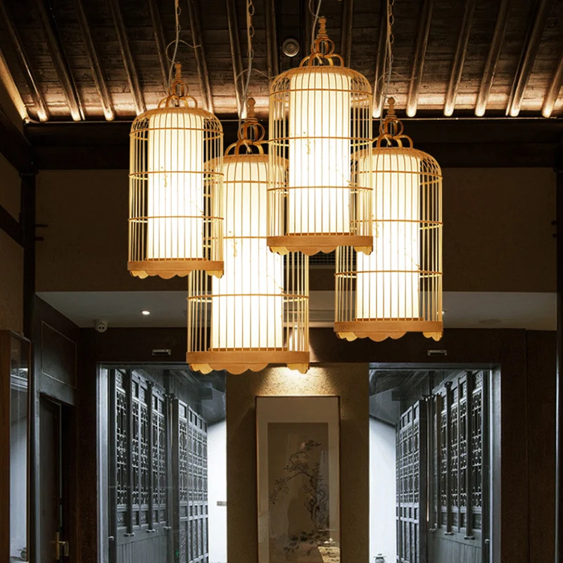 Plafonnier cage à oiseaux en bambou pour salle à manger, 9,5"/14"/16" de large, luminaire suspendu asiatique à 1 lumière,...