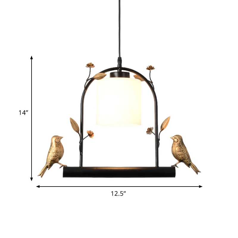Plafonnier cage à oiseaux moderniste en métal, 1 tête, suspension noire et dorée avec abat-jour cylindrique en verre crème...
