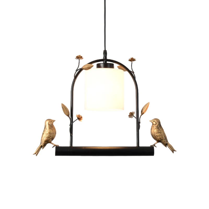 Plafonnier cage à oiseaux moderniste en métal, 1 tête, suspension noire et dorée avec abat-jour cylindrique en verre crème...