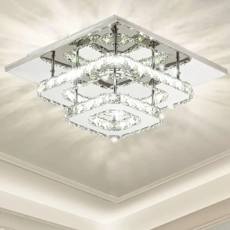 Plafonnier carré en cristal clair contemporain LED Chrome éclairage encastré pour porche Clearhalo
