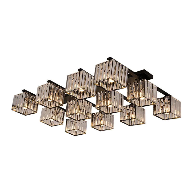Plafonnier carré moderne semi-encastré à trois faces avec tige en cristal, 4/6/9 lumières, luminaire de plafond pour salon...
