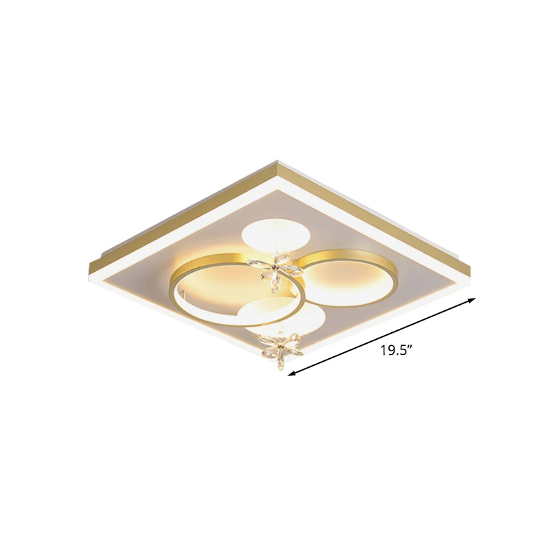 Plafonnier carré en métal, luminaire moderne à LED doré avec décor en cristal de fleur Clearhalo